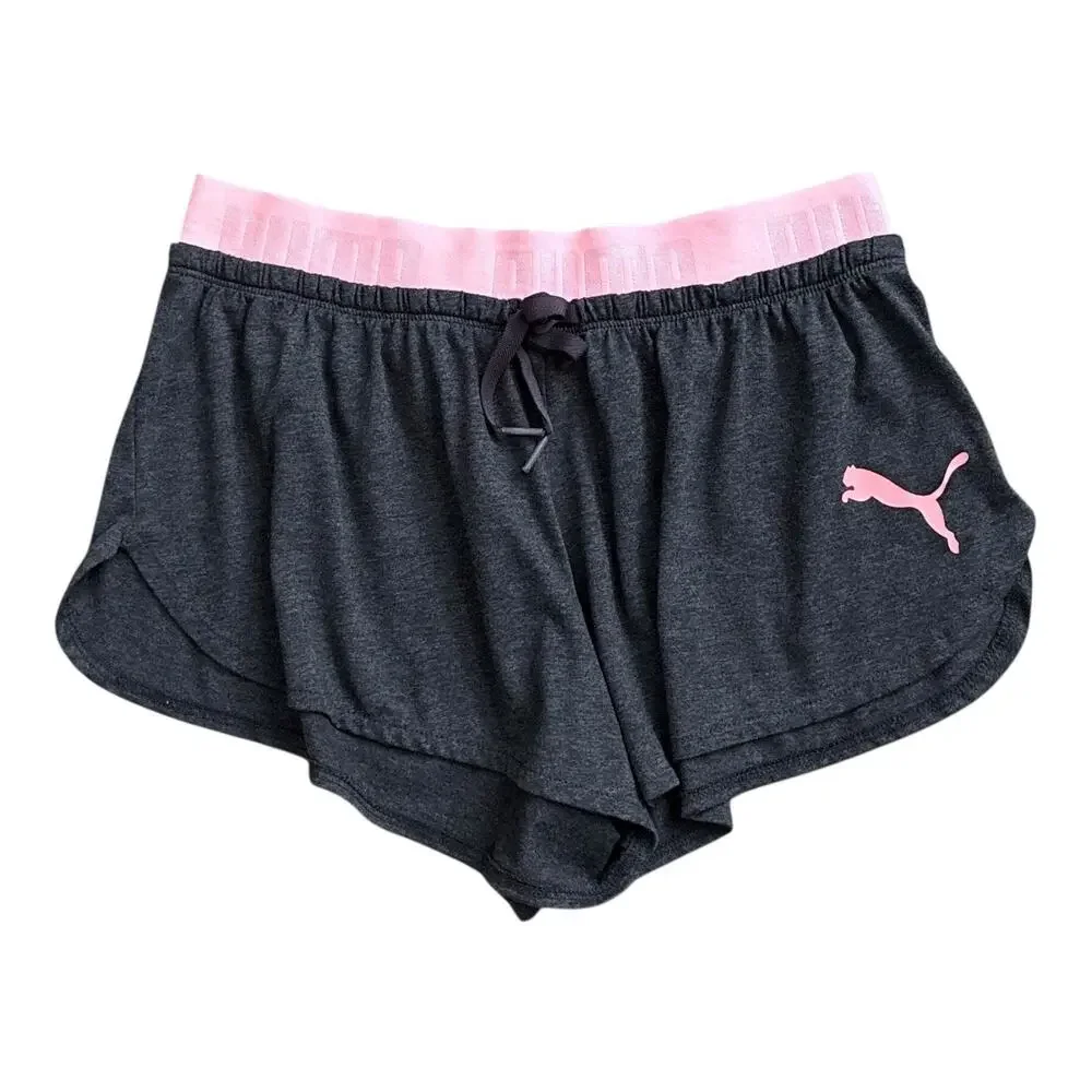 Puma Sleep Shorts Womens Size S Gray Pink Logo Pull On Lounge Pajamas Drawstring